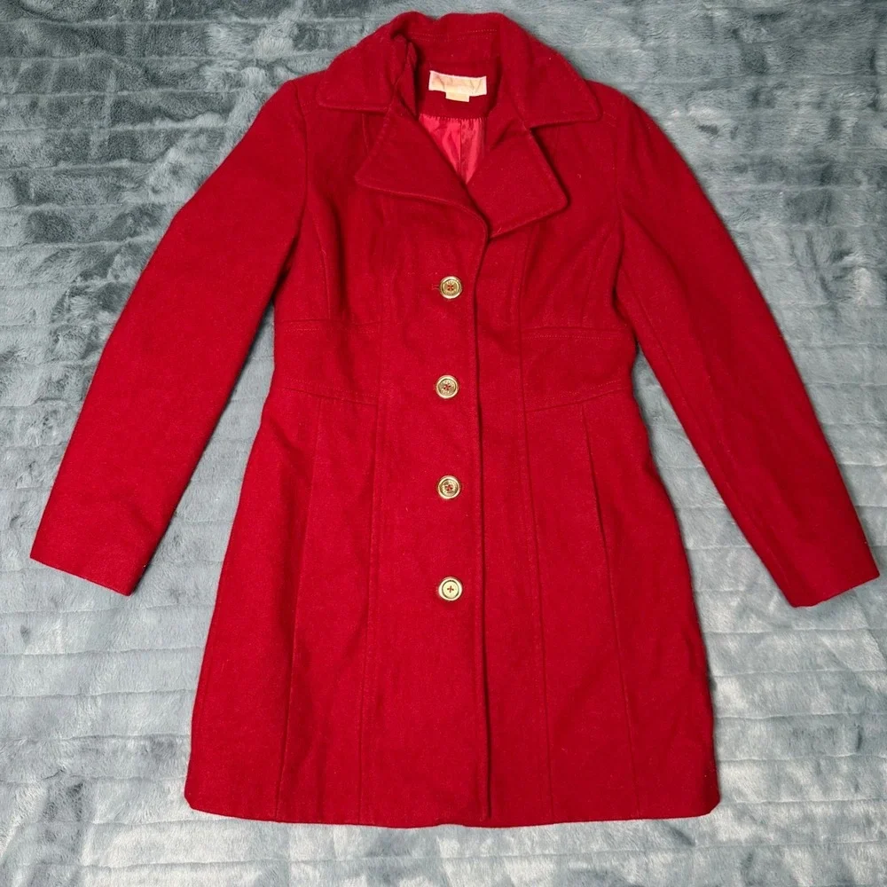Michael Michael Kors Womens Red Wool Blend Pea Coat Gold Buttons Size 4